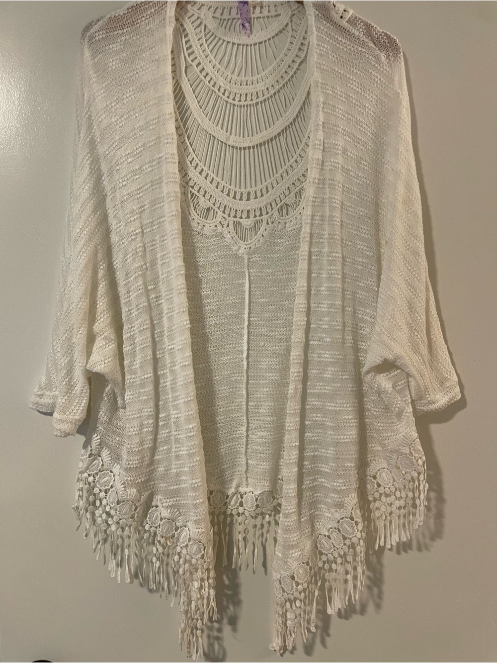 Alya Cream Open-Knit Fringe Tunic